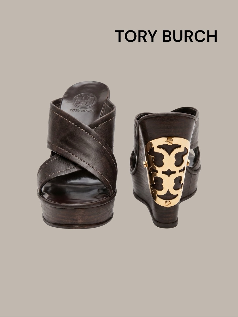 TORY BURCH BROWN GOLD LEATHER WEDGE SHOES LOGO 6.5